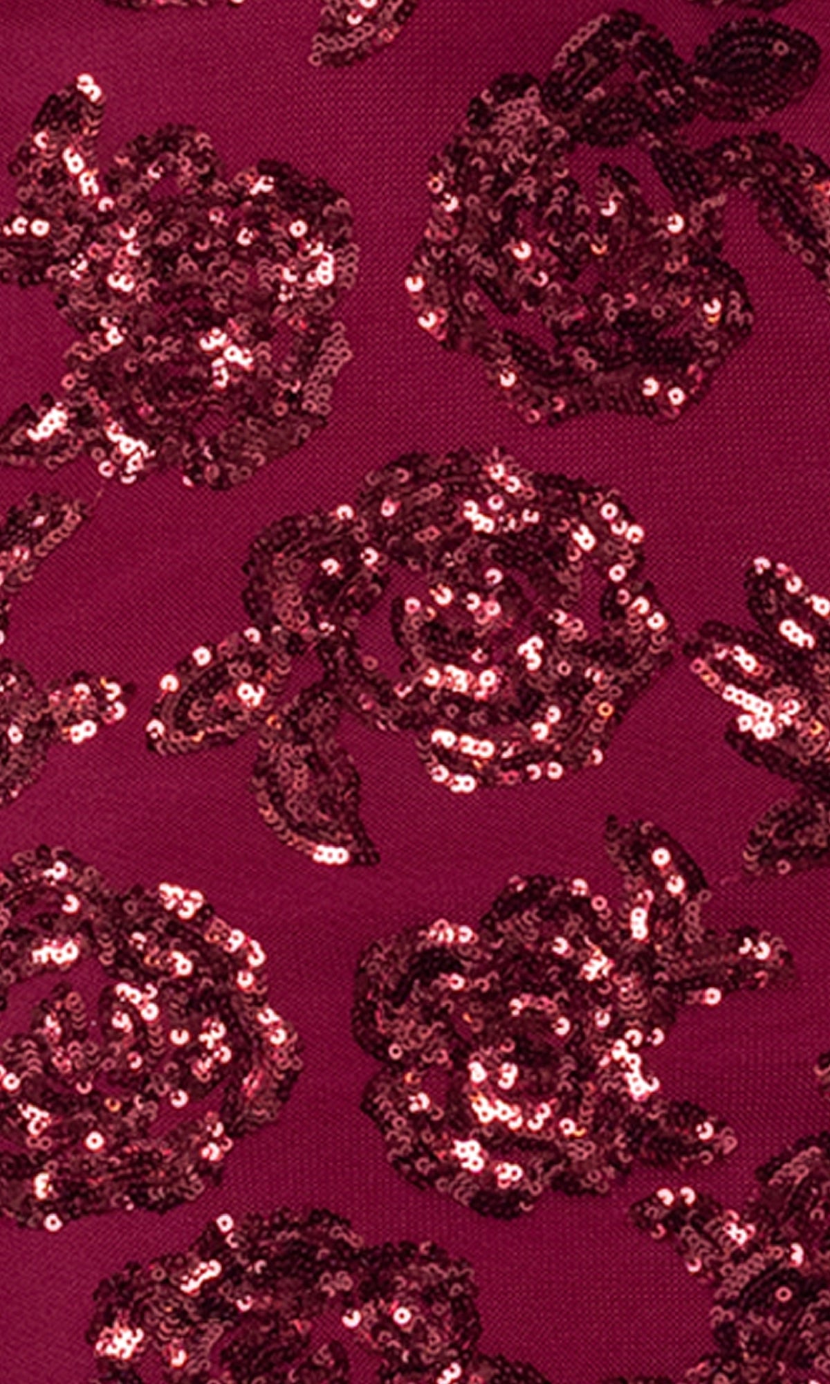 Close-up of a maroon fabric with shiny sequin roses, ideal for designing a floral short bodycon homecoming dress like the Blondie Nites 5679BN.